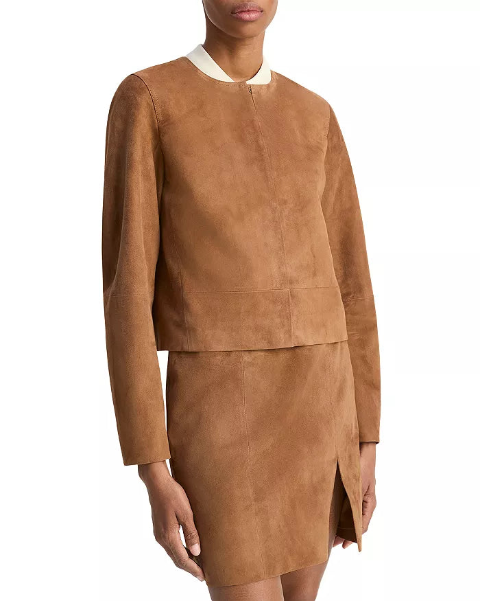 Collarless Cropped Suede Jacket