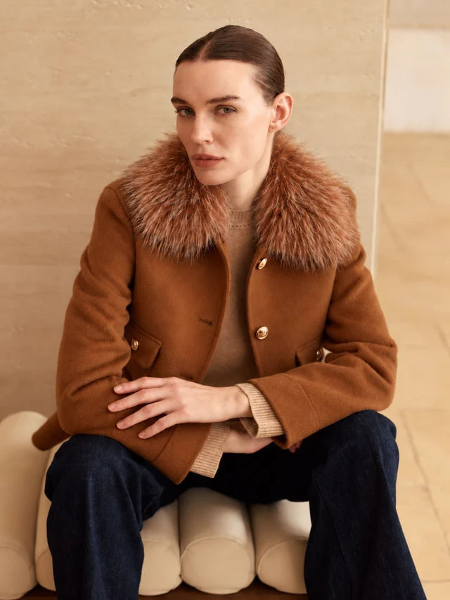 Cashmere Bomber Jacket Detachable Fur Collar