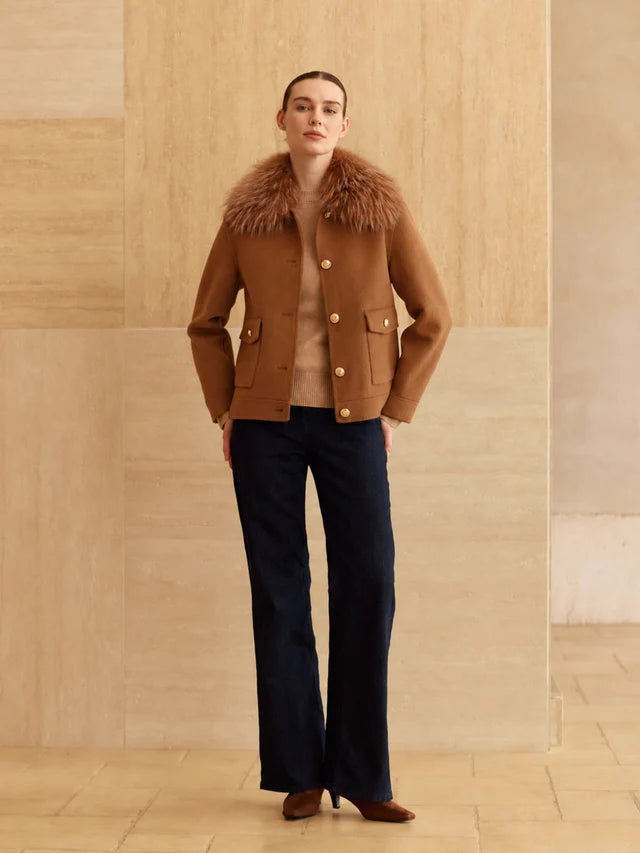 Cashmere Bomber Jacket Detachable Fur Collar