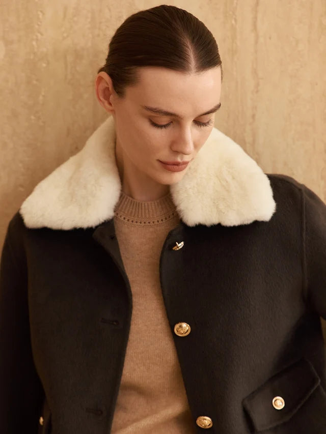 Cashmere Bomber Jacket Detachable Fur Collar