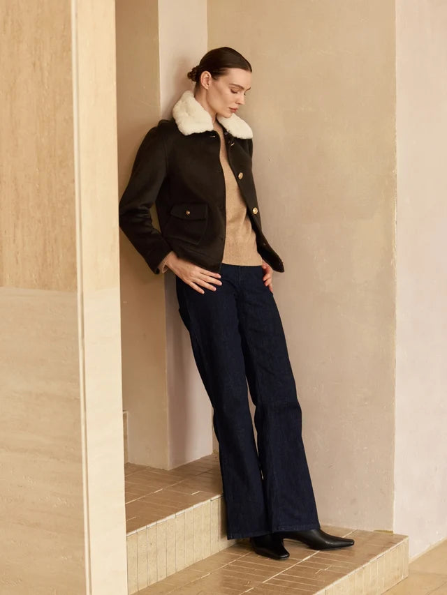 Cashmere Bomber Jacket Detachable Fur Collar