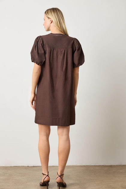 Shirred Sleeve Split Neck Dress