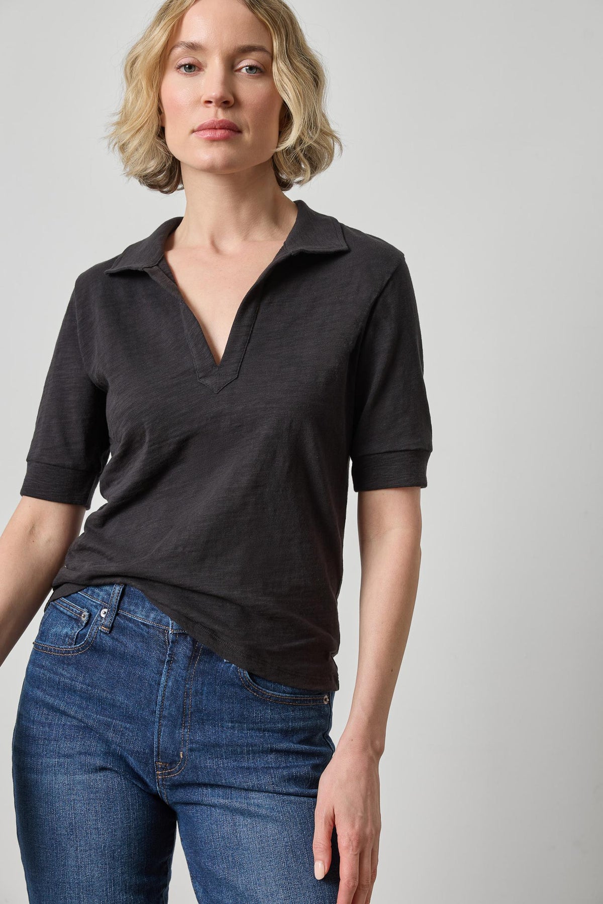 Elbow Sleeve Collared Split Neck