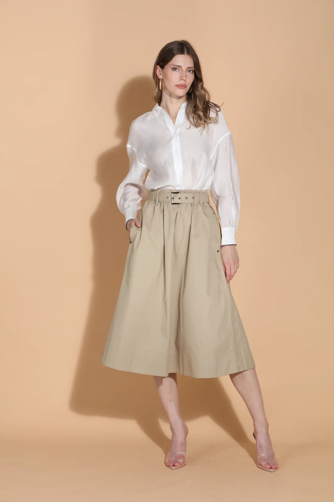 Cotton A-Line Midi Skirt with Self Belt