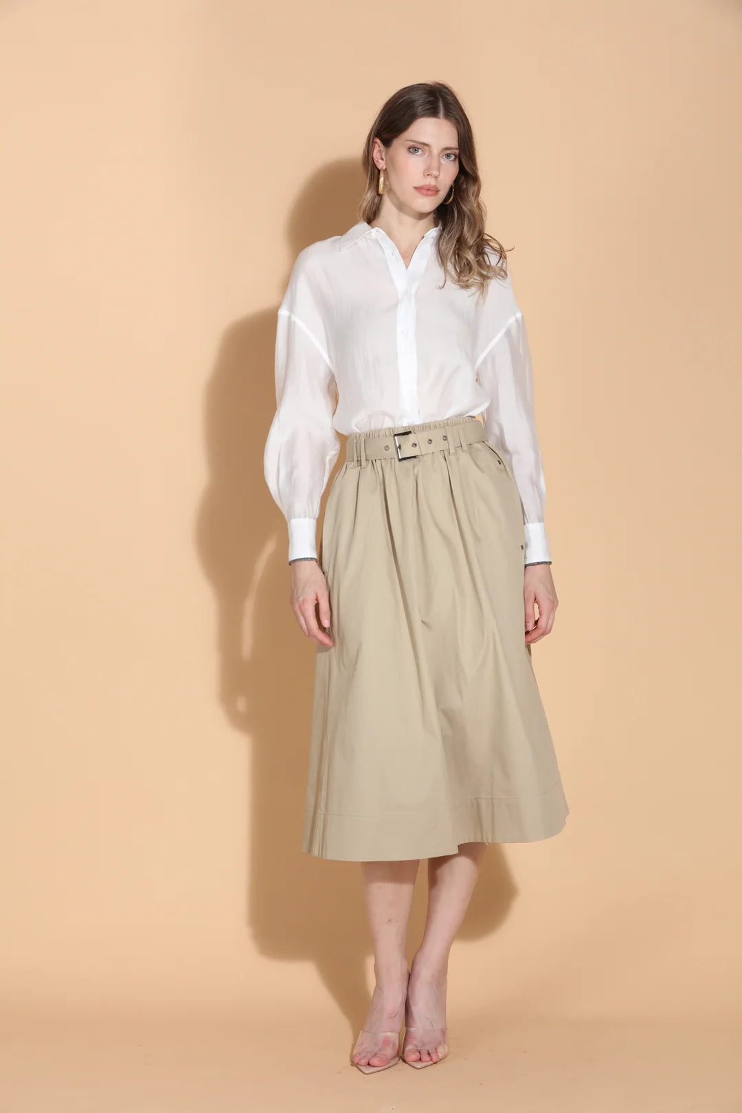 Cotton A-Line Midi Skirt with Self Belt
