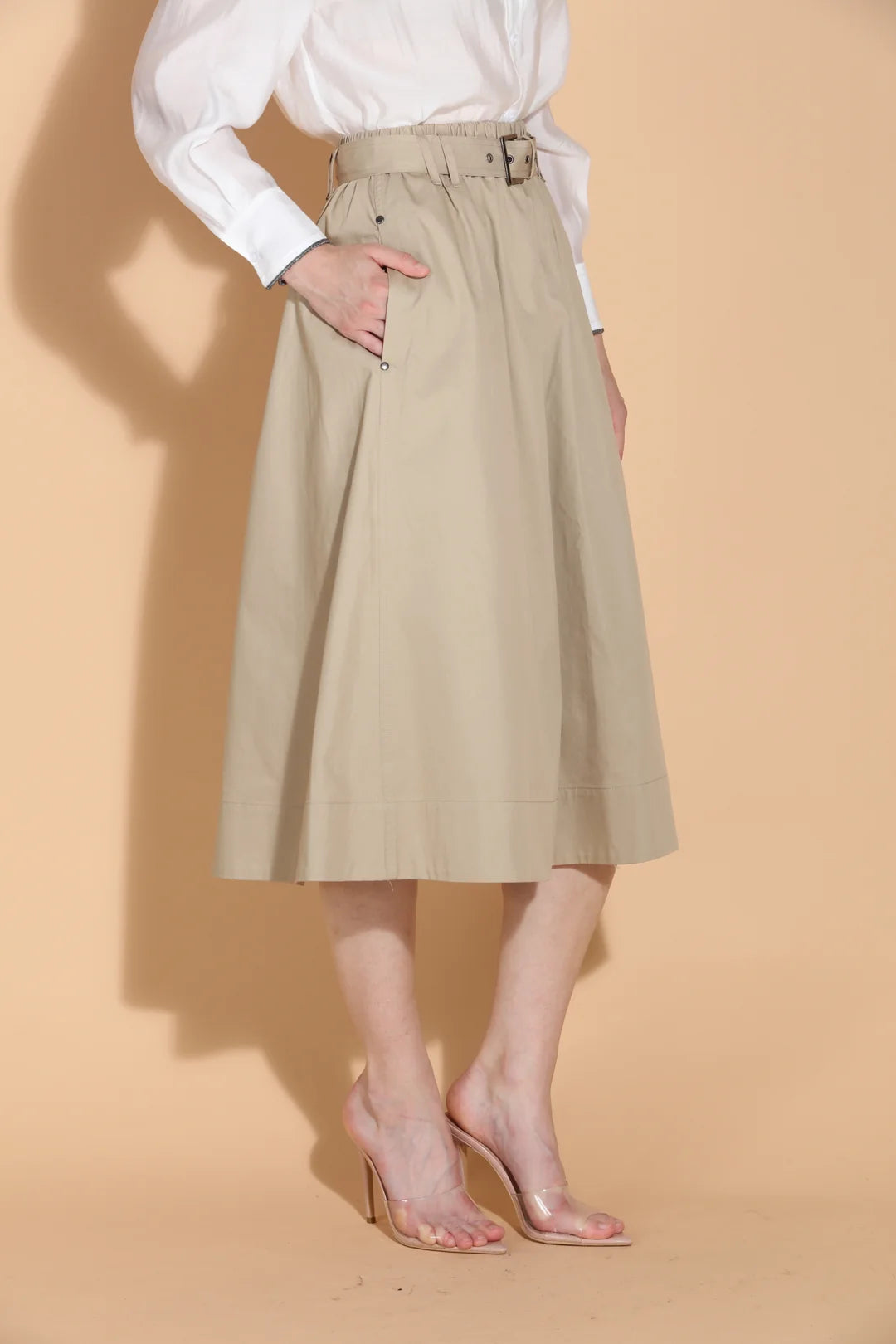 Cotton A-Line Midi Skirt with Self Belt