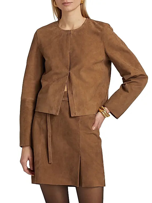 Collarless Cropped Suede Jacket