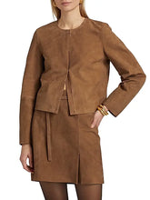 Load image into Gallery viewer, Collarless Cropped Suede Jacket
