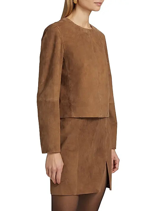 Collarless Cropped Suede Jacket
