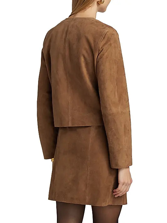 Collarless Cropped Suede Jacket