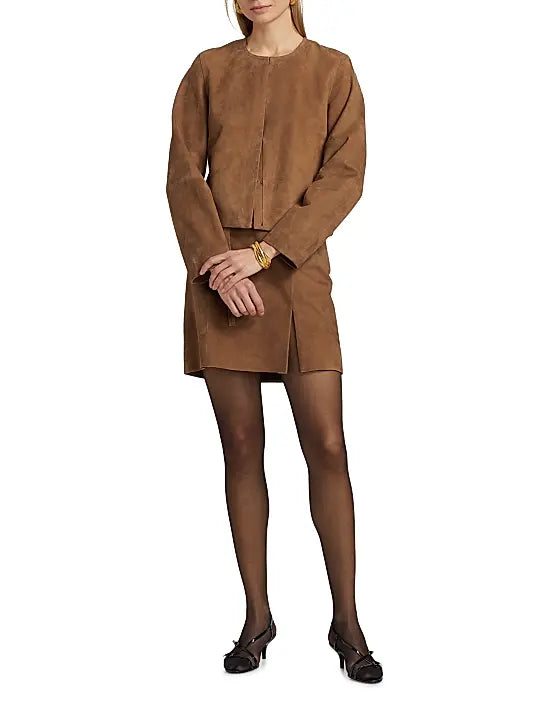 Collarless Cropped Suede Jacket