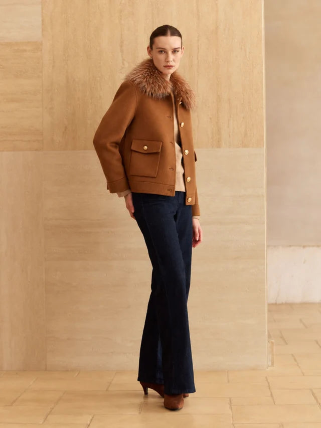 Cashmere Bomber Jacket Detachable Fur Collar