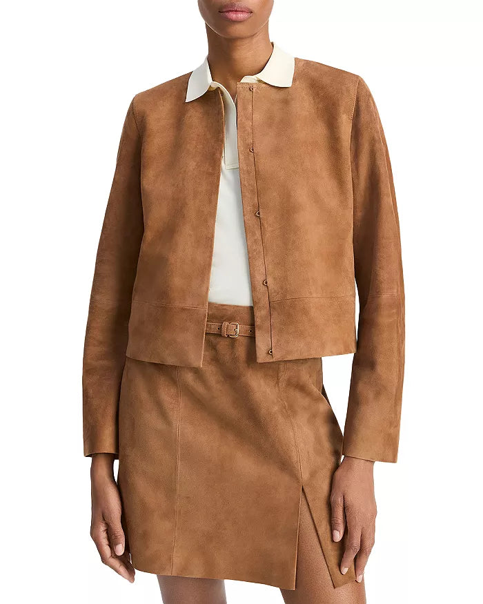 Collarless Cropped Suede Jacket