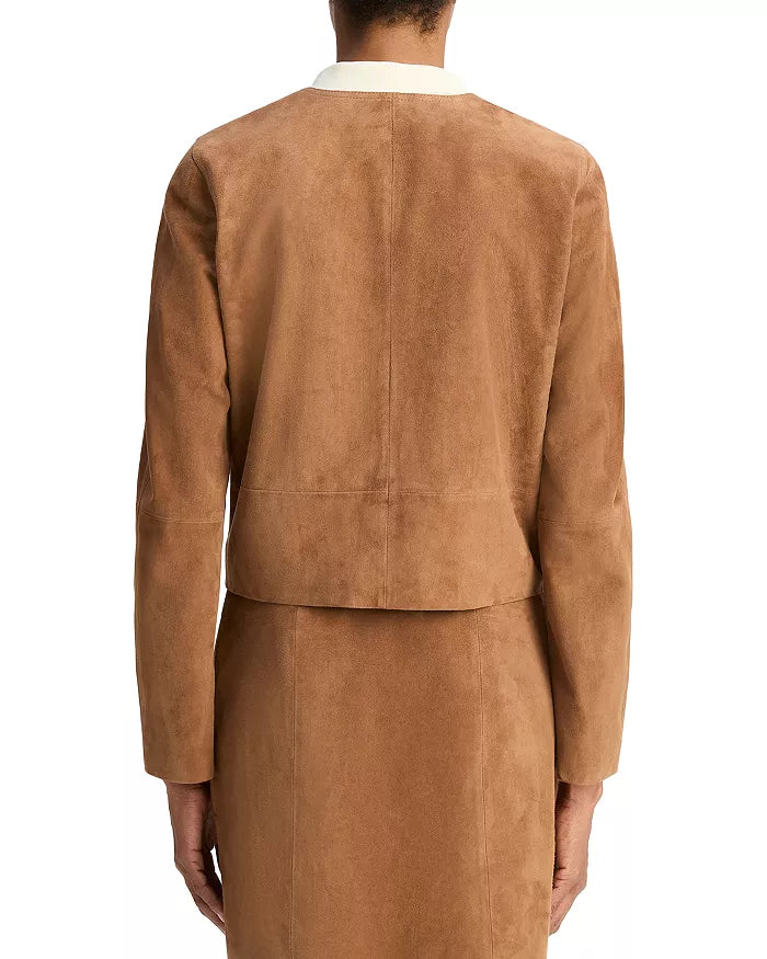 Collarless Cropped Suede Jacket