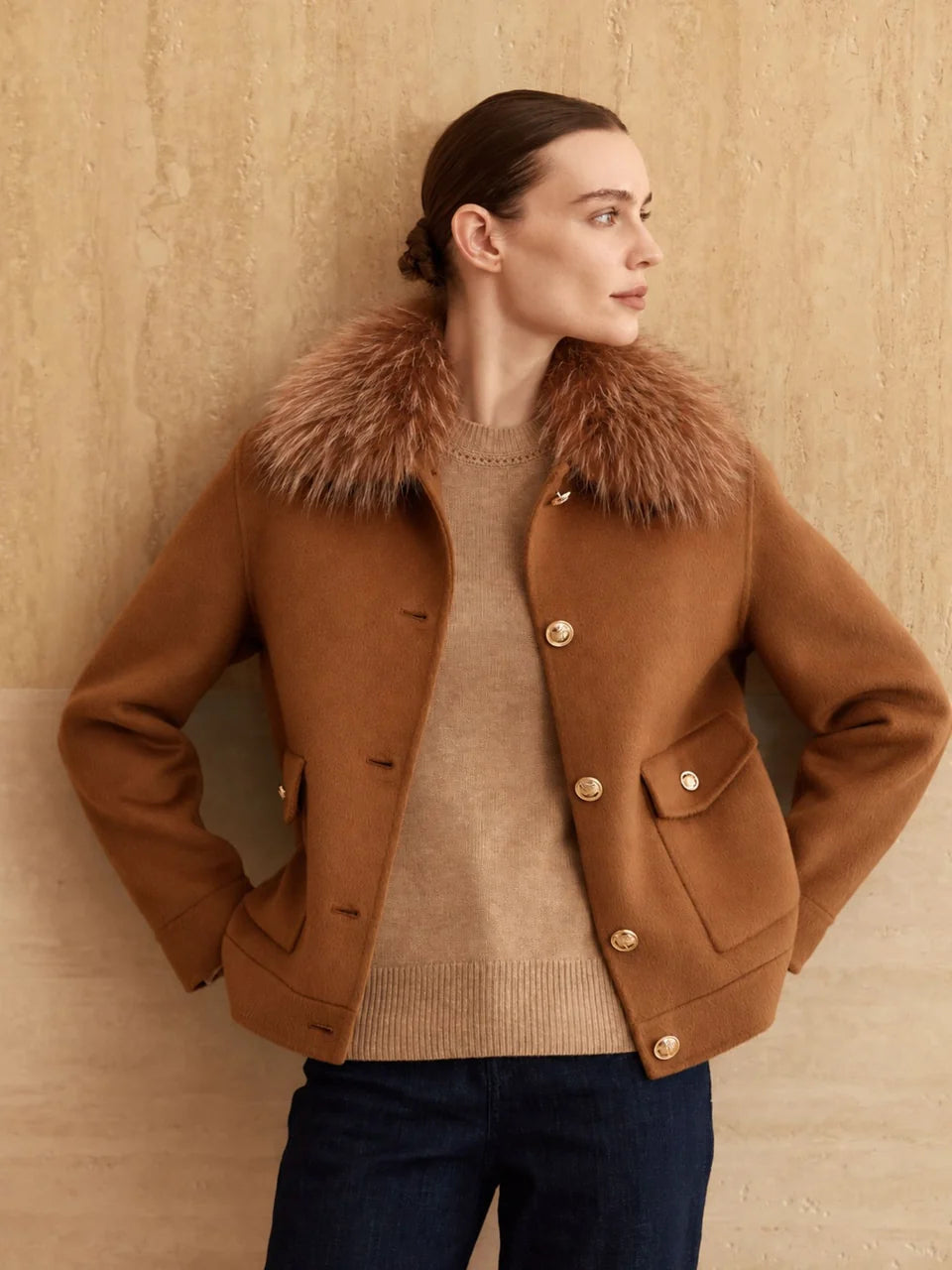 Cashmere Bomber Jacket Detachable Fur Collar