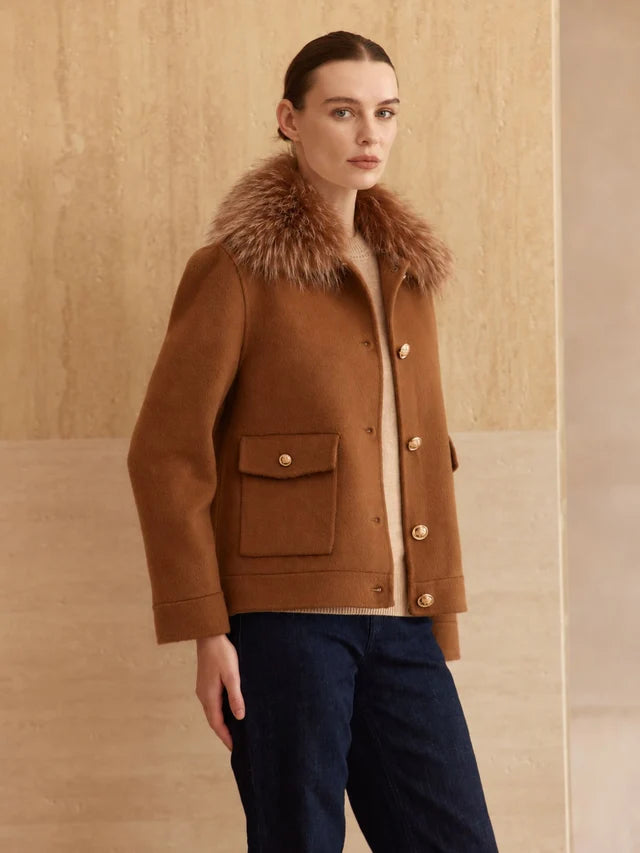 Cashmere Bomber Jacket Detachable Fur Collar