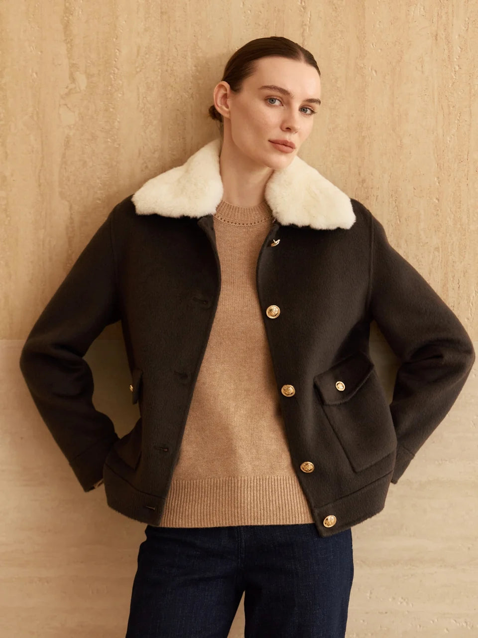 Cashmere Bomber Jacket Detachable Fur Collar