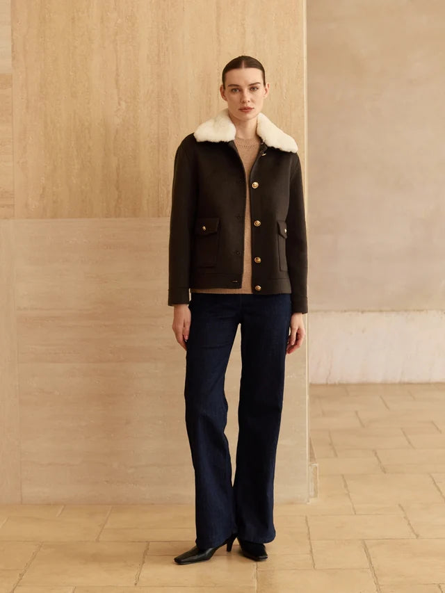 Cashmere Bomber Jacket Detachable Fur Collar