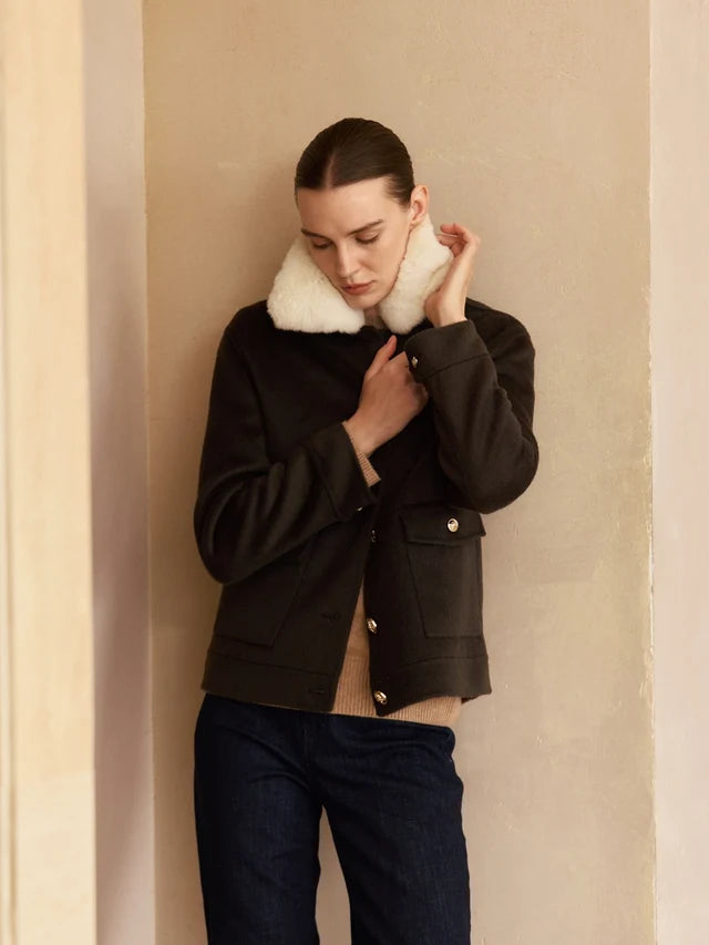 Cashmere Bomber Jacket Detachable Fur Collar