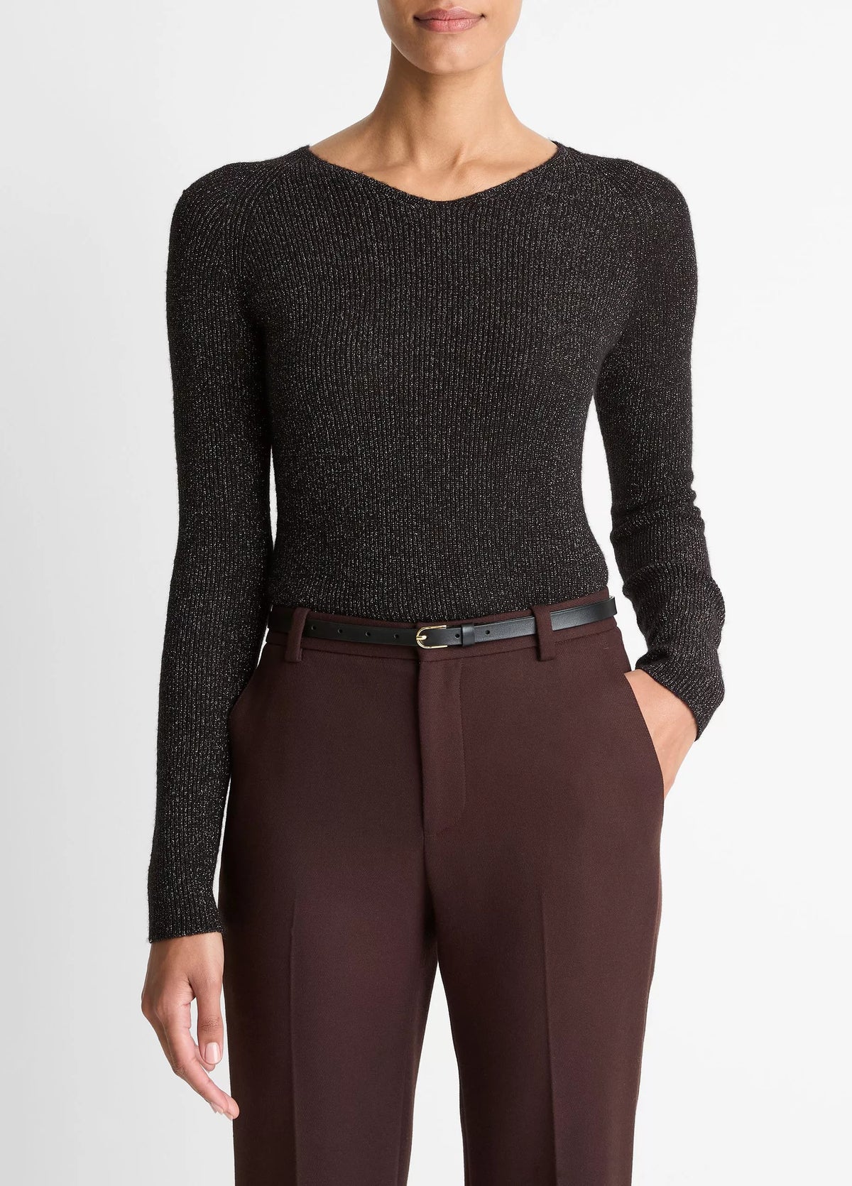 Metallic Ribbed High V-Neck Sweater
