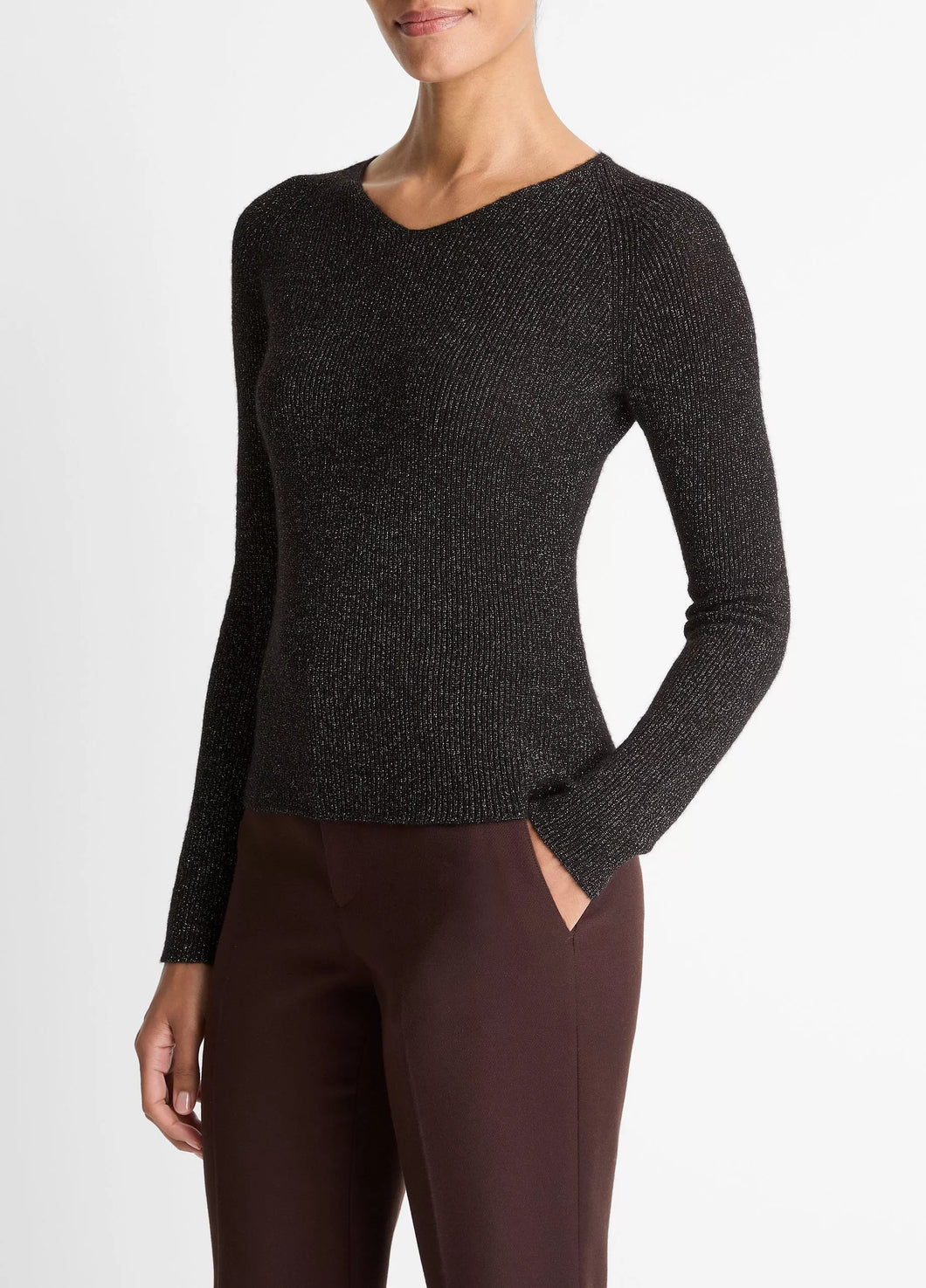 Metallic Ribbed High V-Neck Sweater