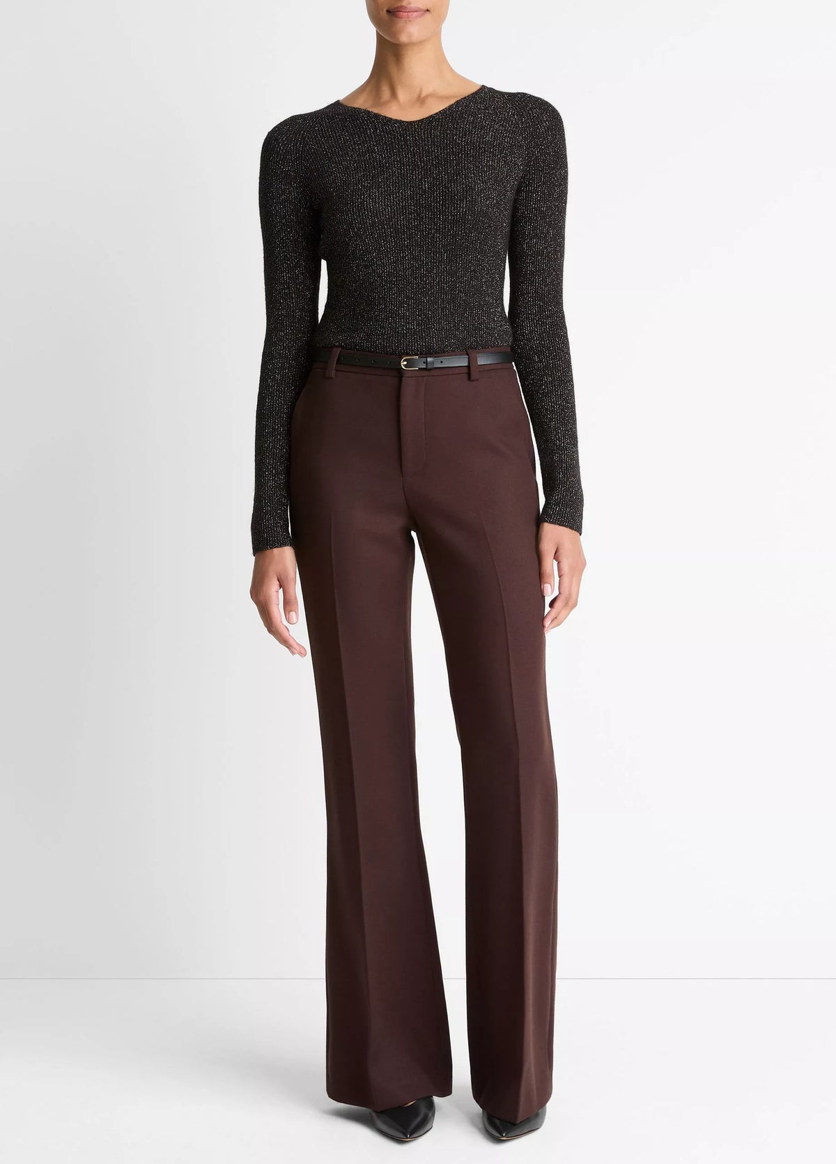 Metallic Ribbed High V-Neck Sweater