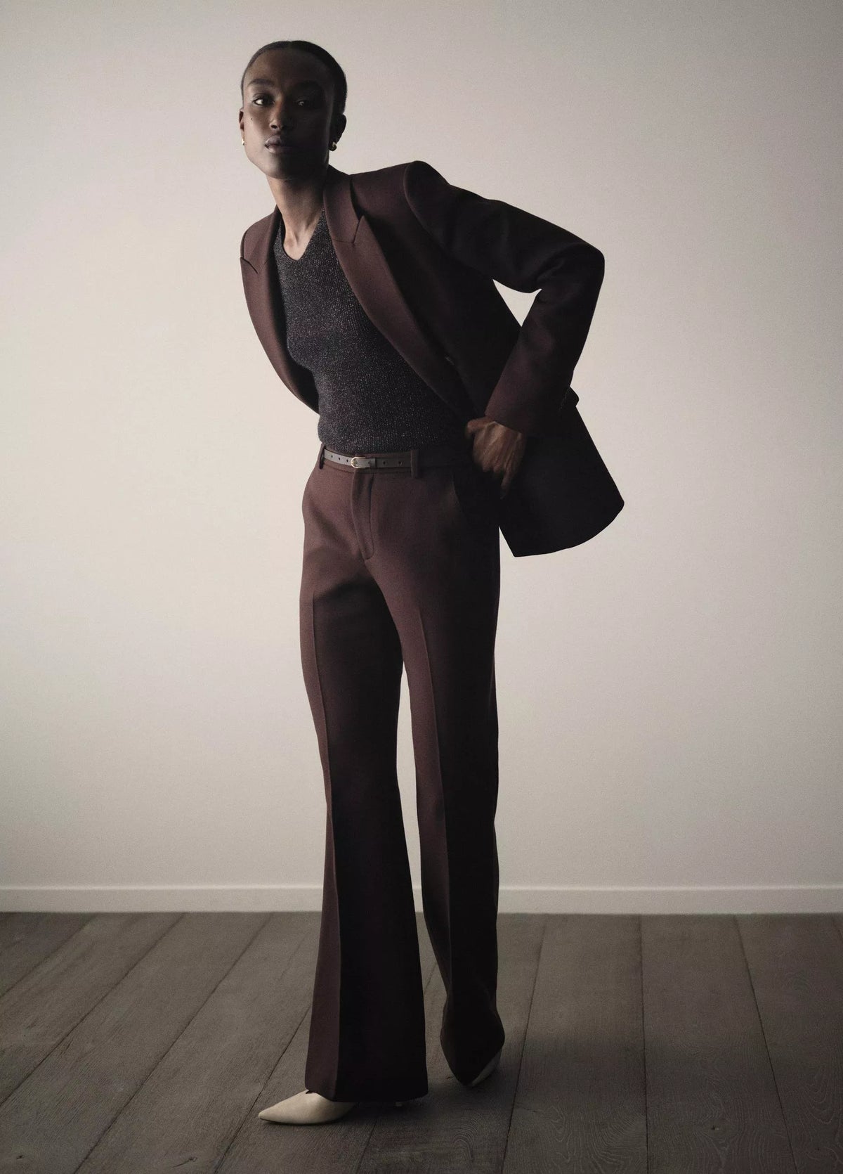 Metallic Ribbed High V-Neck Sweater