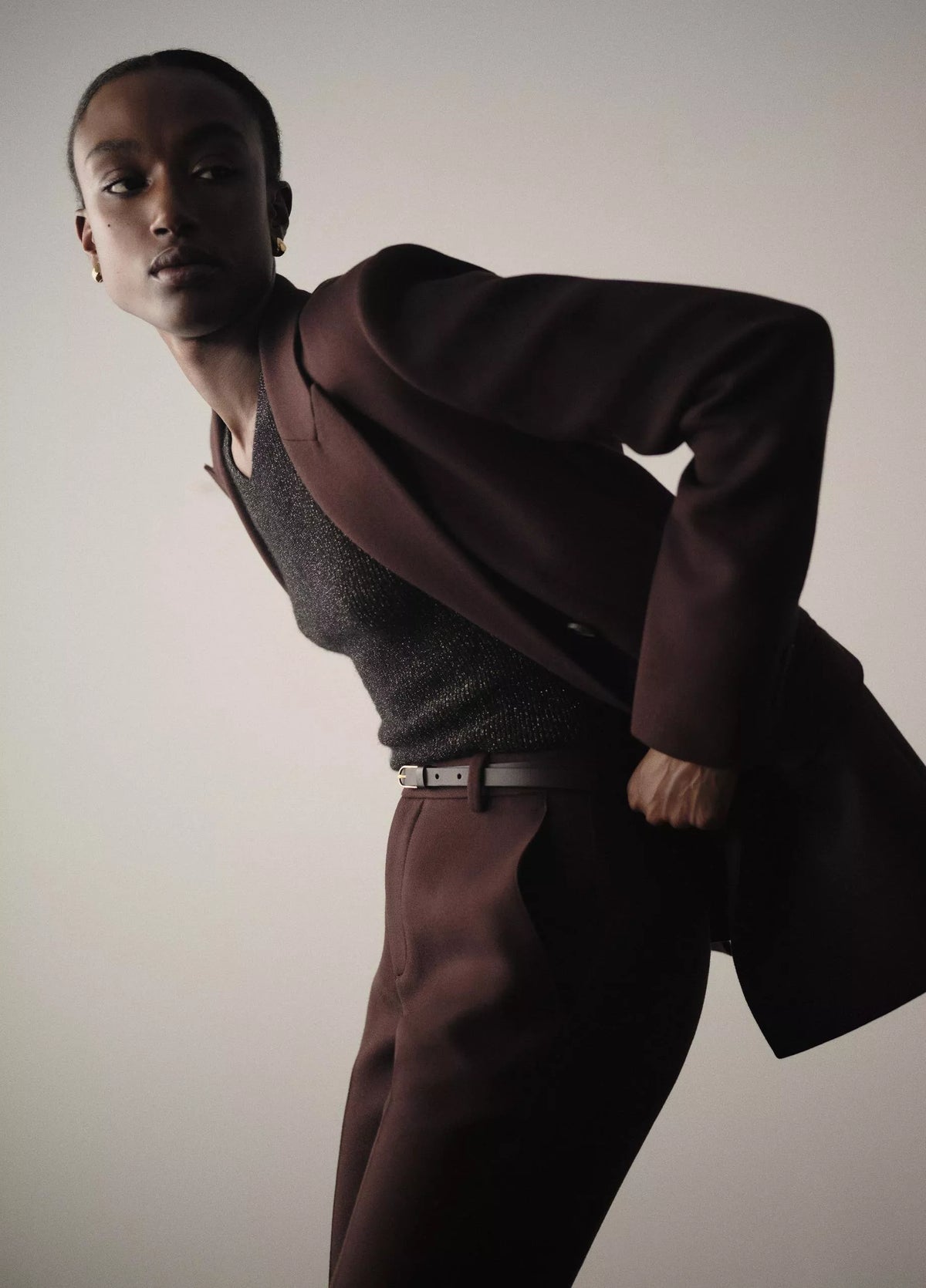 Metallic Ribbed High V-Neck Sweater