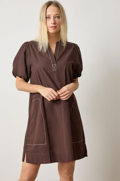 Shirred Sleeve Split Neck Dress