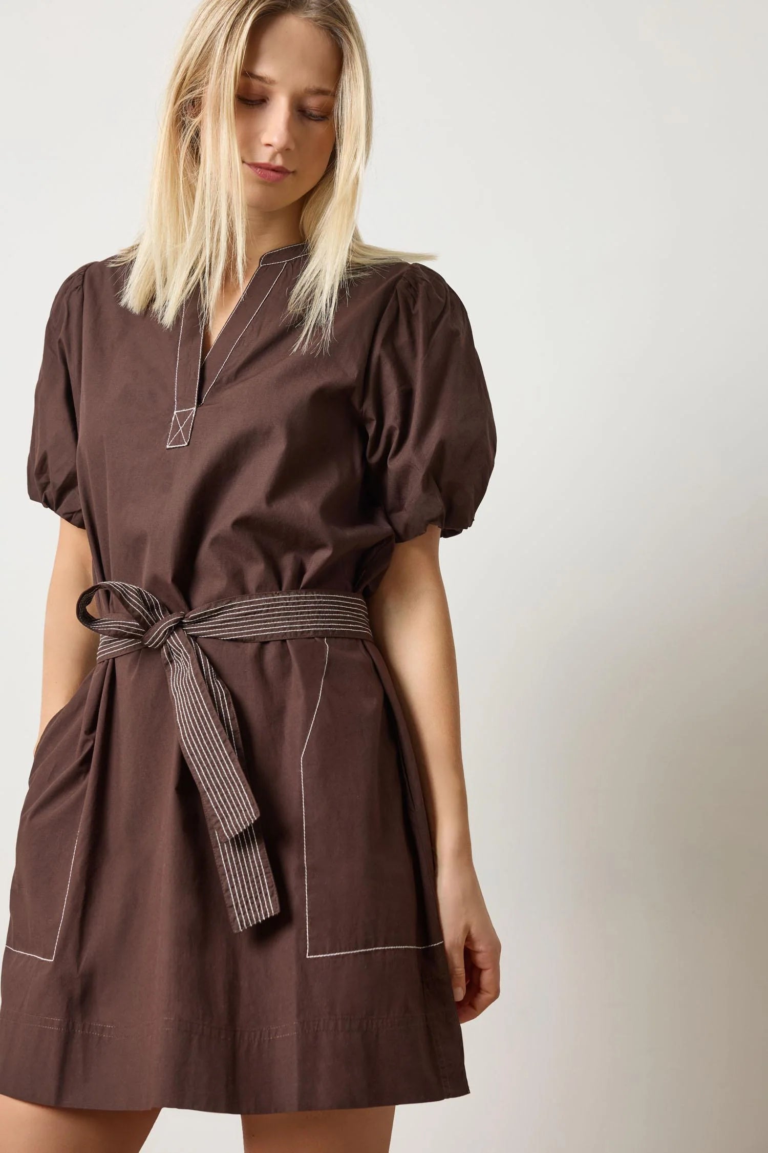 Shirred Sleeve Split Neck Dress