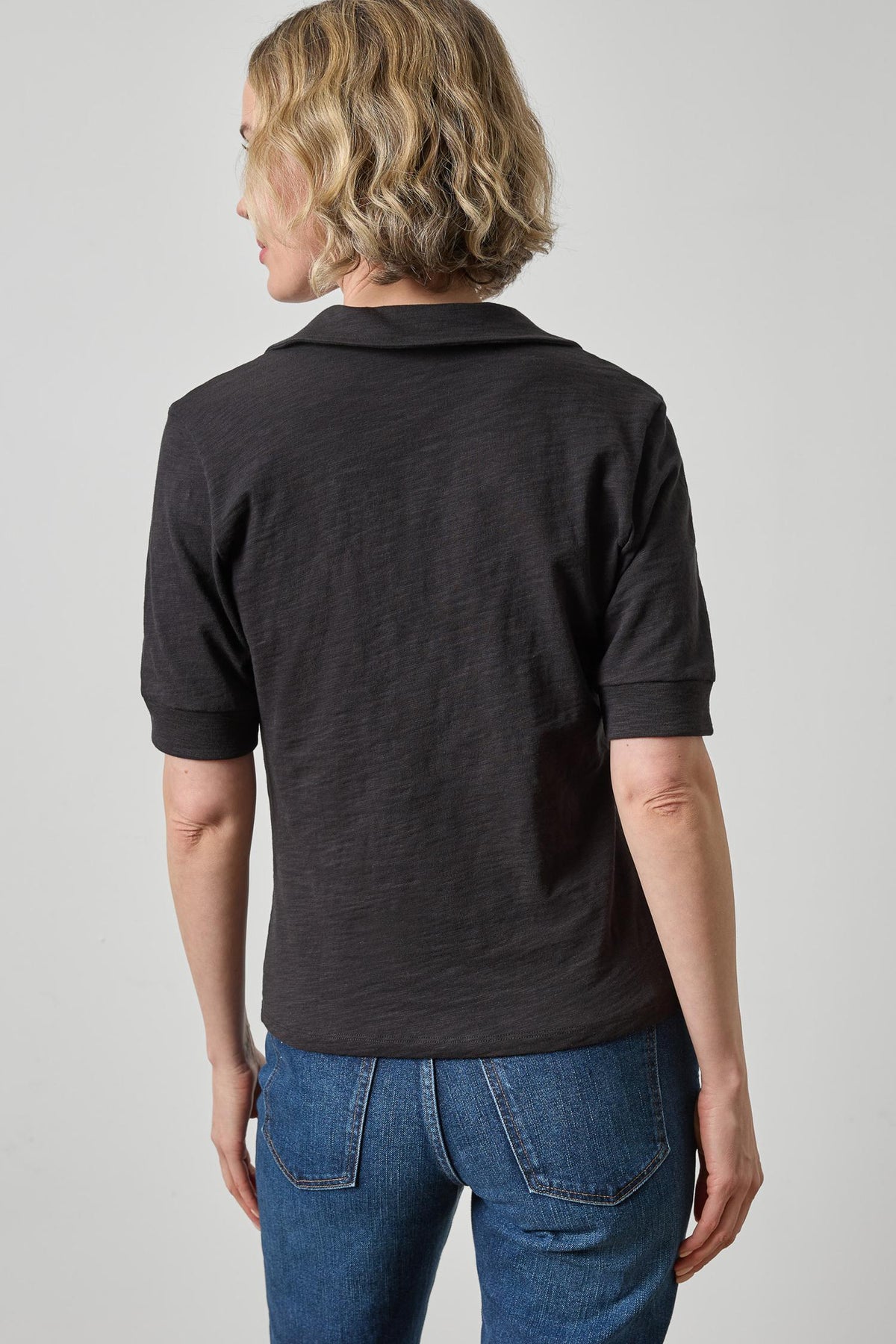 Elbow Sleeve Collared Split Neck