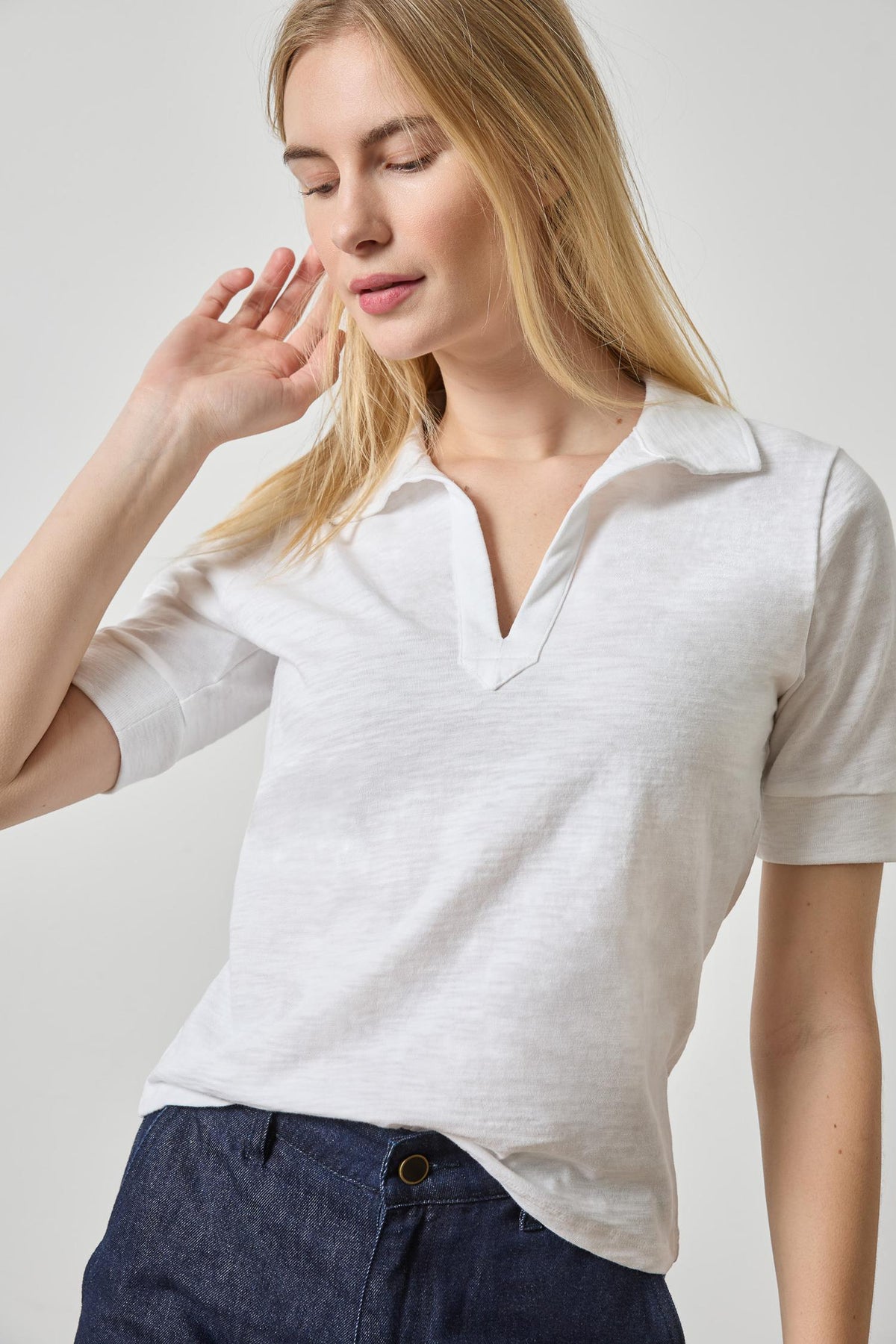 Elbow Sleeve Collared Split Neck