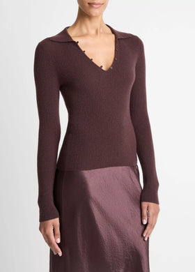 Ribbed Cashmere-Silk Polo Sweater