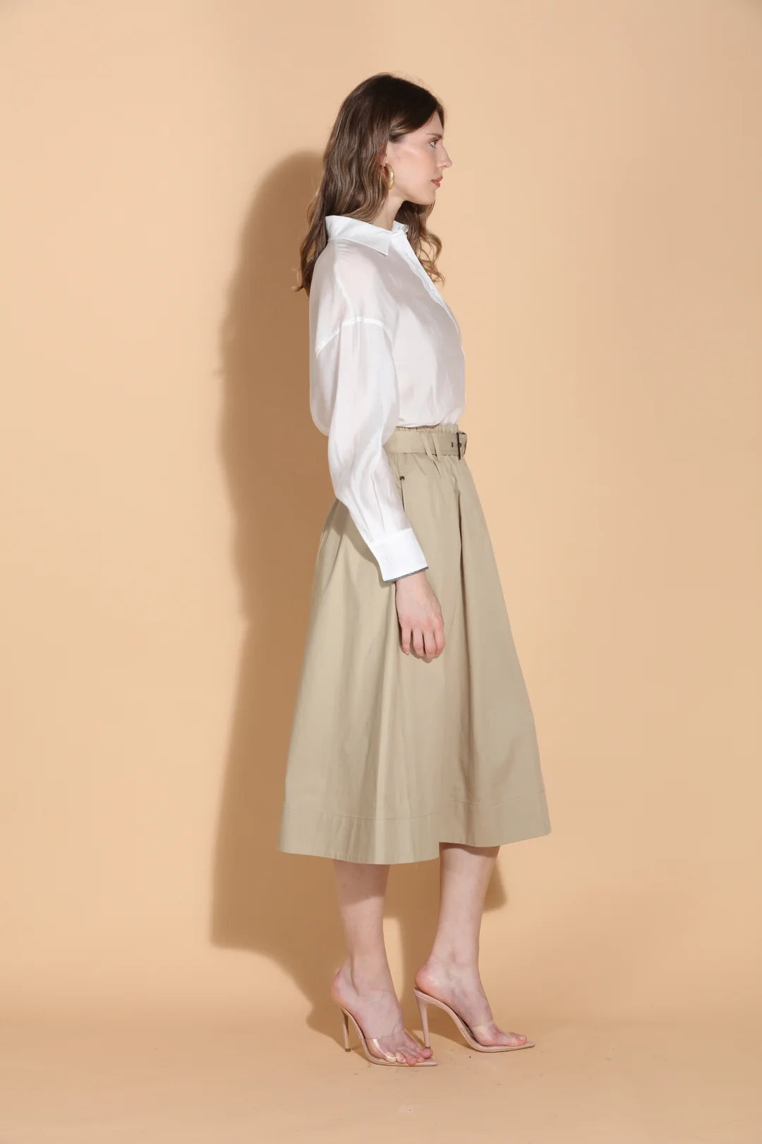 Cotton A-Line Midi Skirt with Self Belt