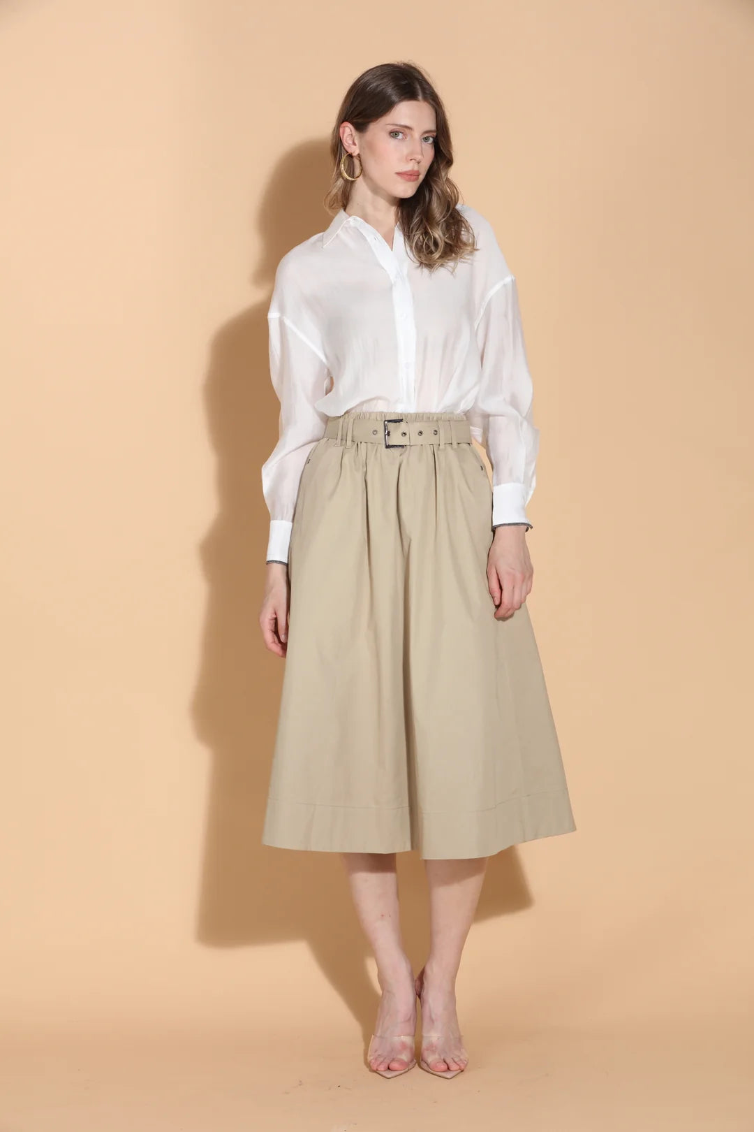 Cotton A-Line Midi Skirt with Self Belt