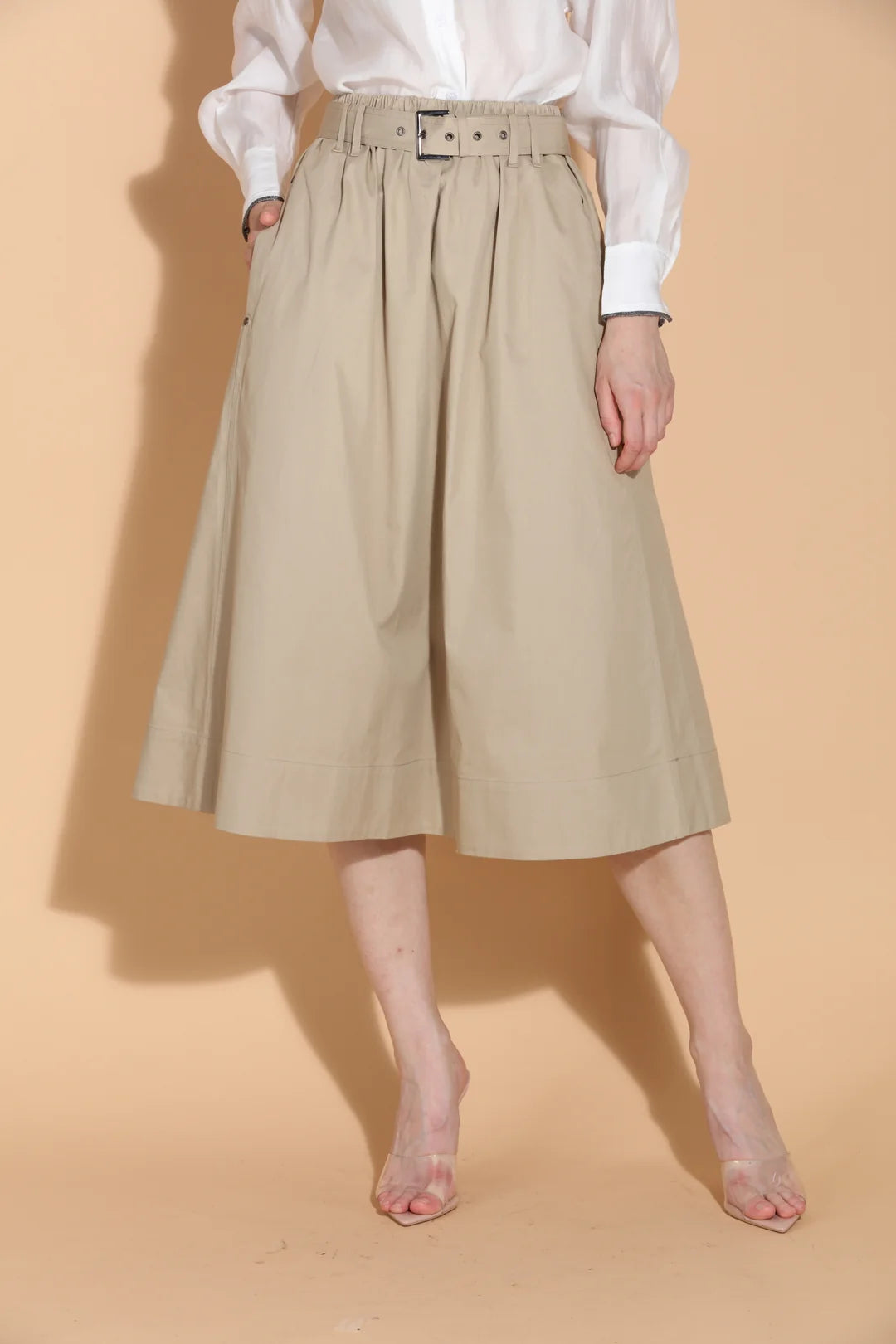 Cotton A-Line Midi Skirt with Self Belt