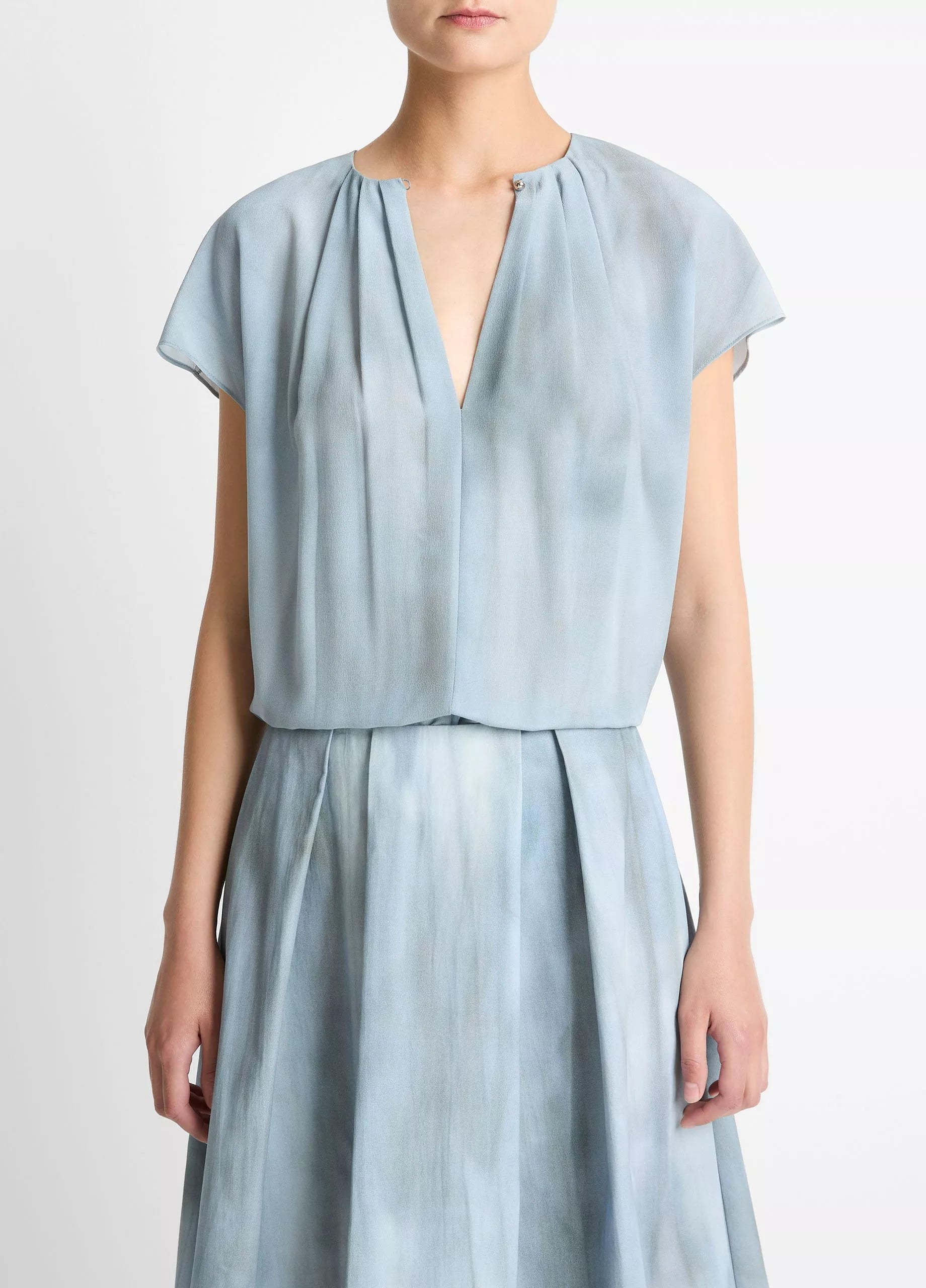 Washed Ombré Silk Cap-Sleeve Blouse