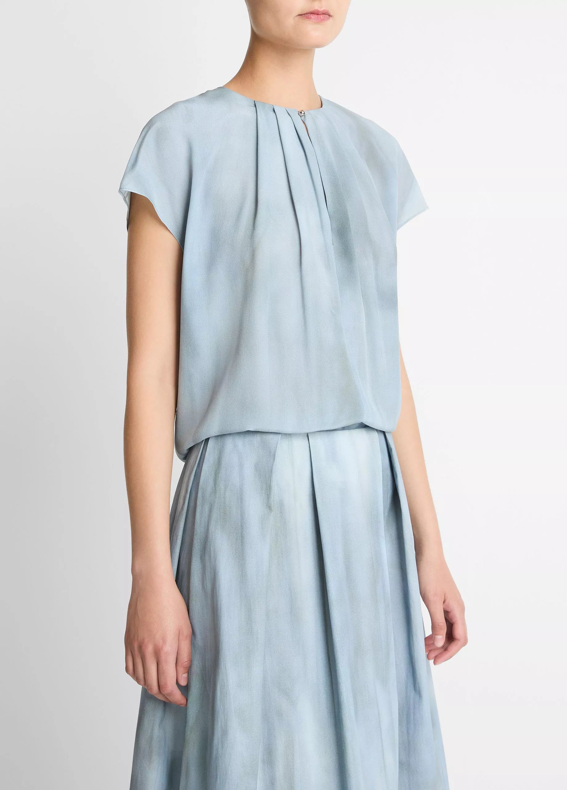 Washed Ombré Silk Cap-Sleeve Blouse